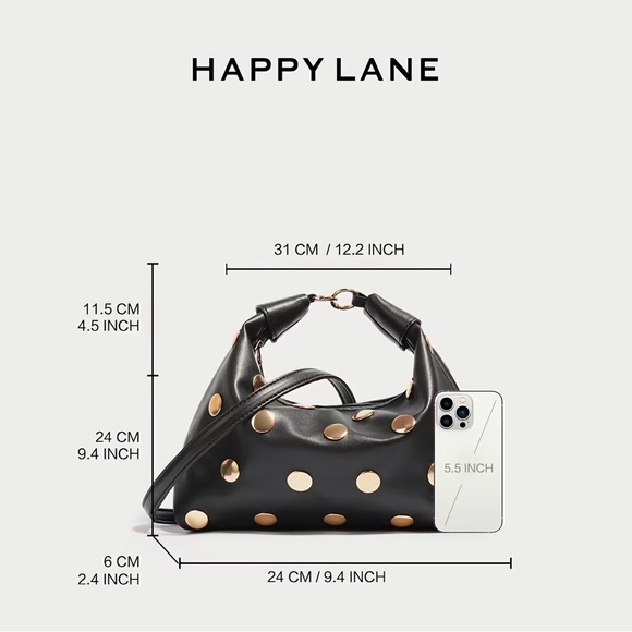 NWT Black Studded Hobo Bag Gold Hardware Shoulder Bag Happy Lane - Picture 4 of 13